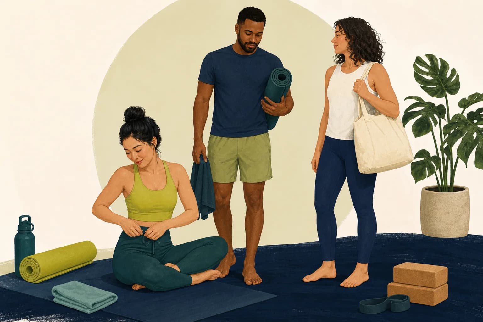 Adults wearing comfortable everyday clothing beside simple yoga props.