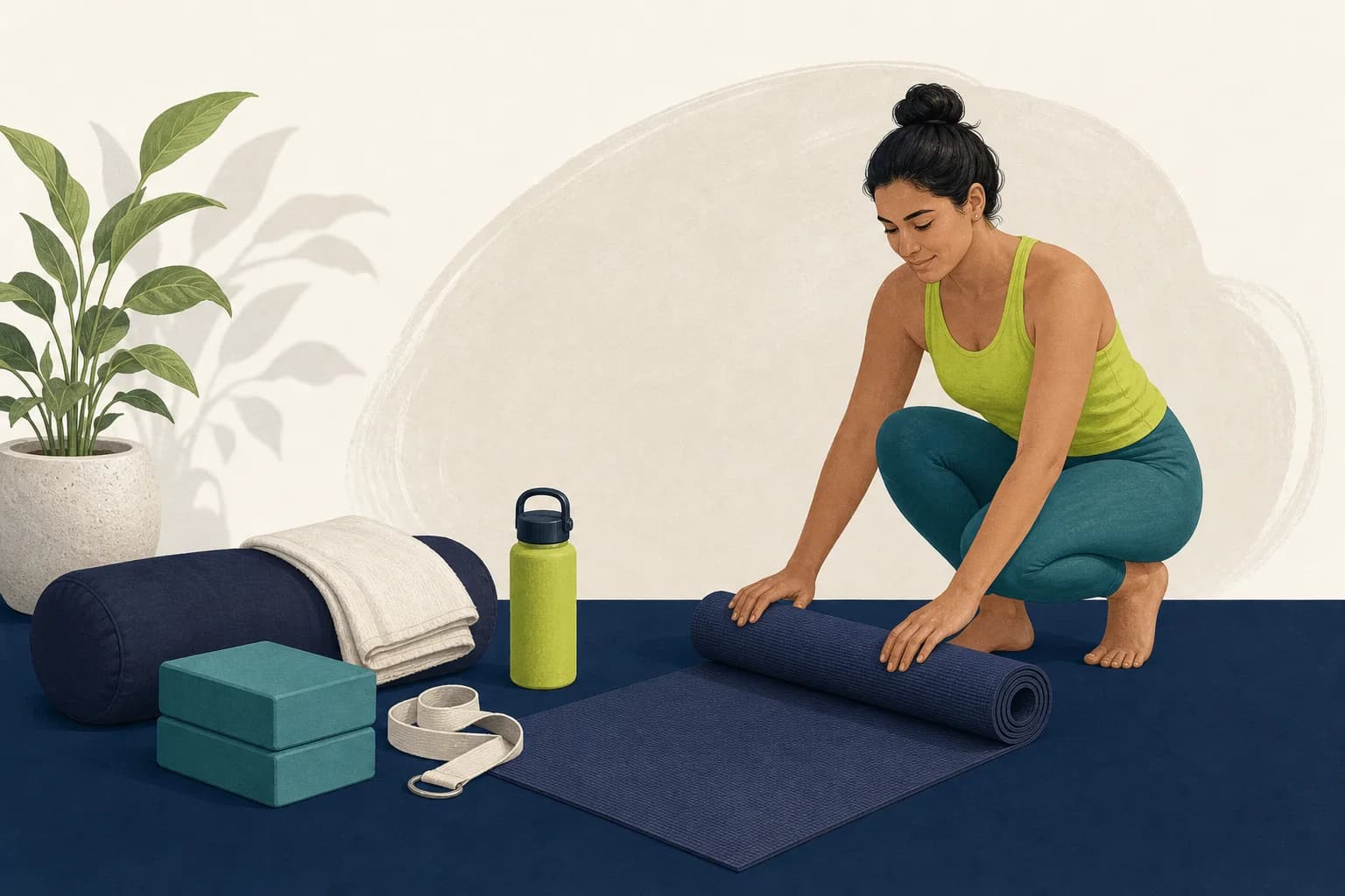 A beginner arranging a yoga mat, blocks, strap, blanket and water bottle.