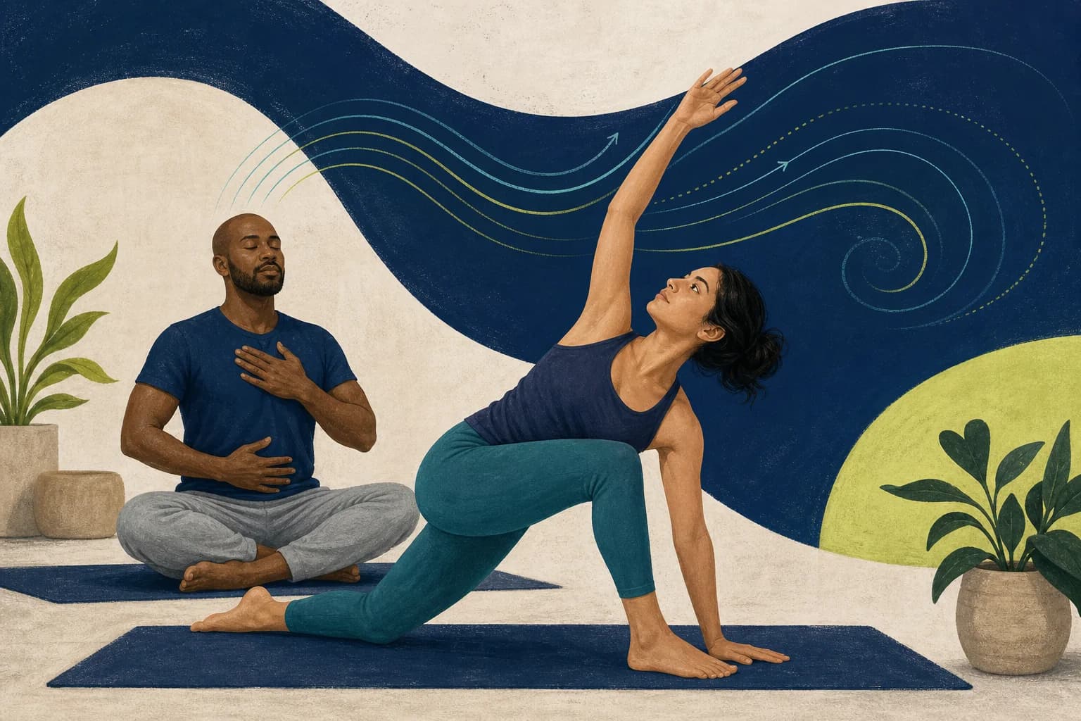 Two adults coordinating comfortable movement with calm breathing.