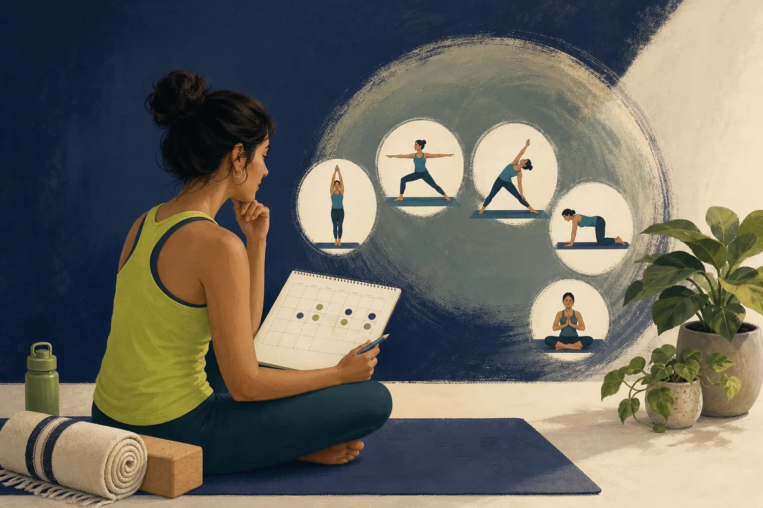 A seated learner comparing several short guided yoga class options.