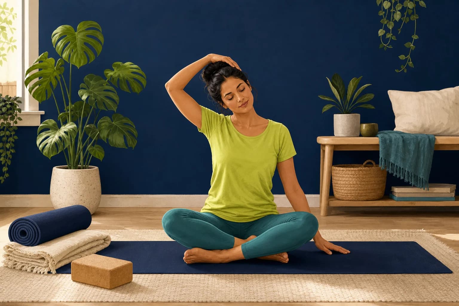 A calm home practice corner with a yoga mat, blocks, blanket and plants.