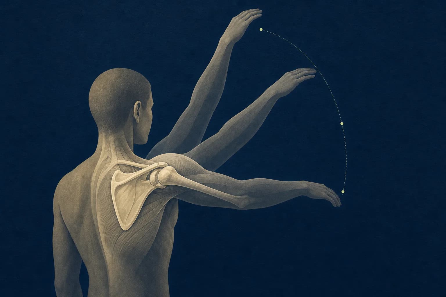 An editorial anatomy illustration showing the shoulder blade, upper arm and a controlled overhead arm path.
