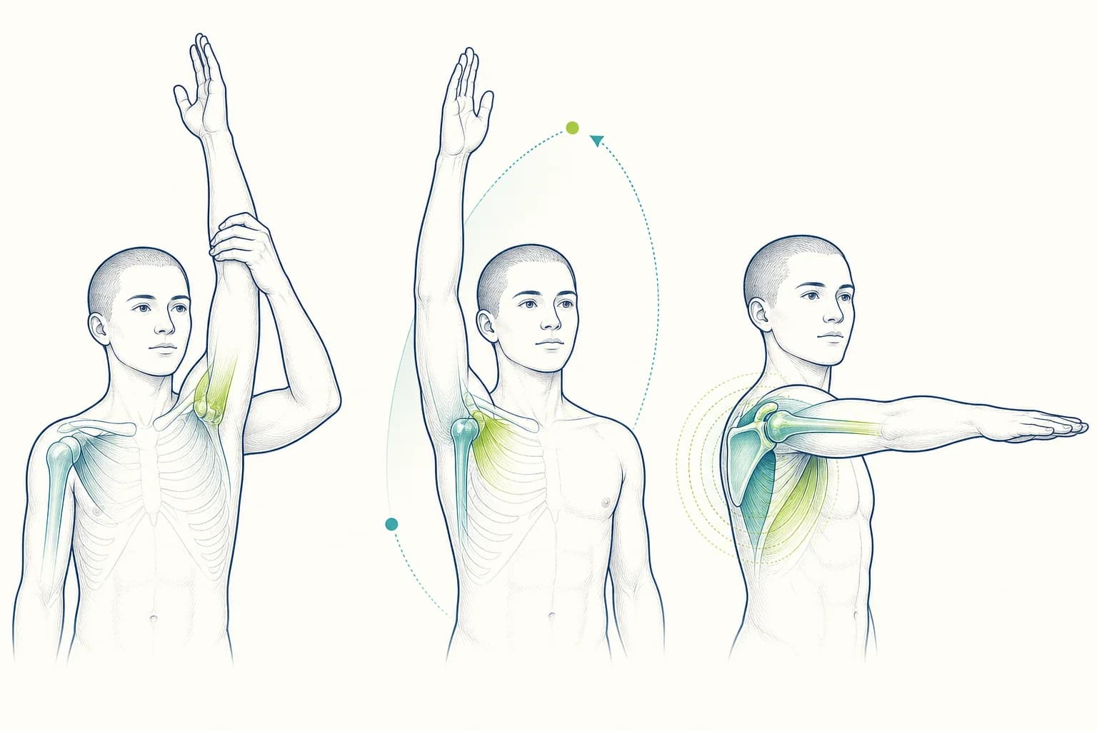 Three shoulder studies showing an assisted range, an active overhead range and a steady arm position.