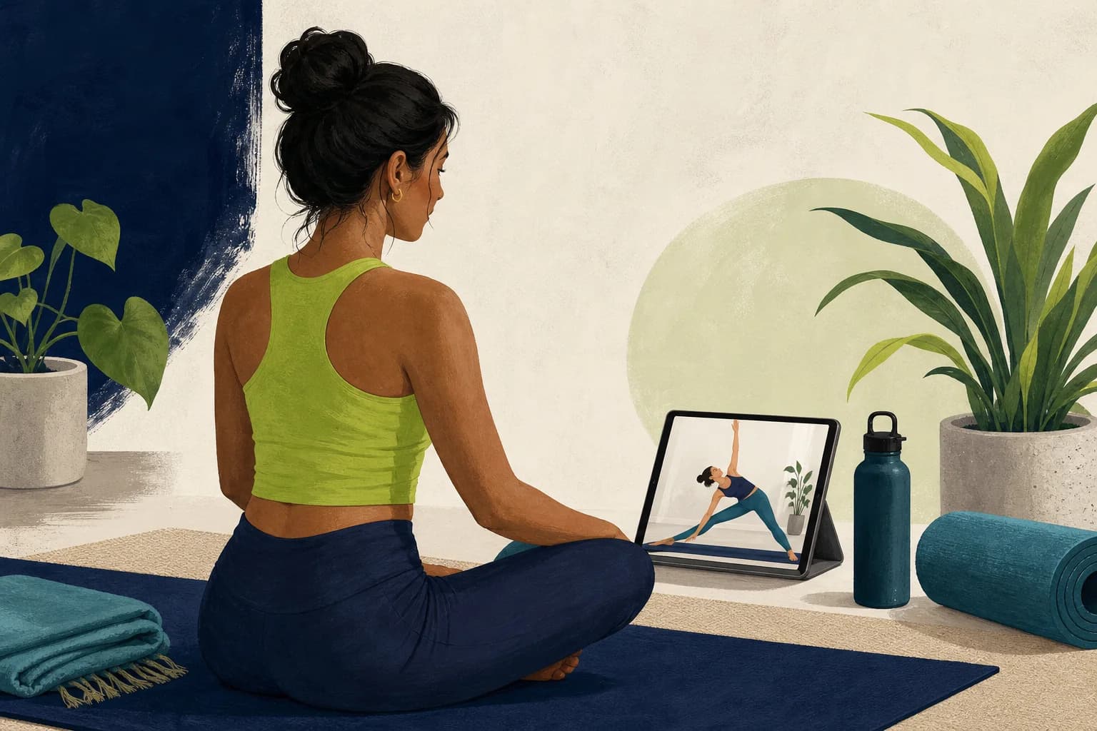 A person beginning a home yoga practice with a mat and guided class.