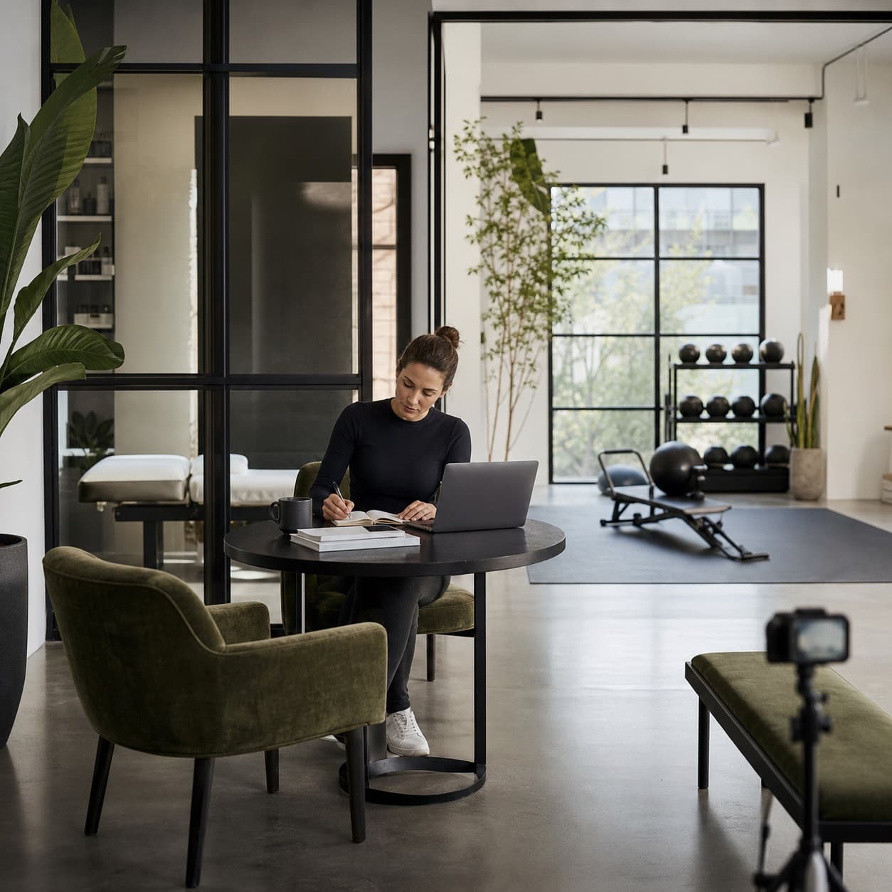 Wellness business owner planning at a laptop inside her studio