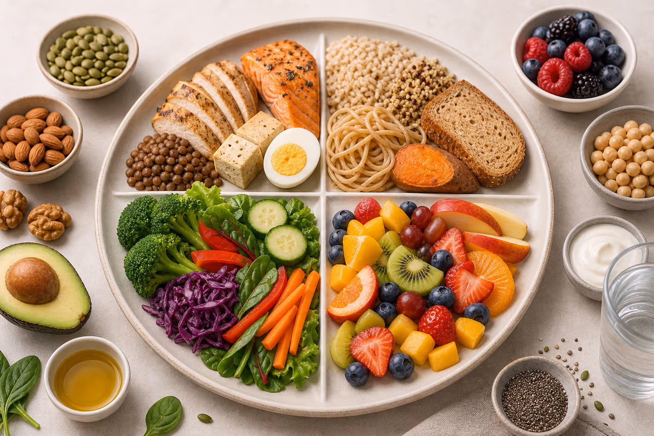 Diagram showing adequacy, balance, moderation, and diversity as foundations of healthy eating.