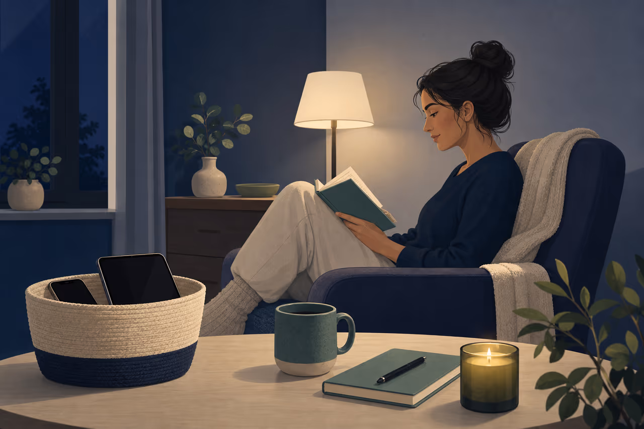 Editorial illustration about how to create a screen free wind down.