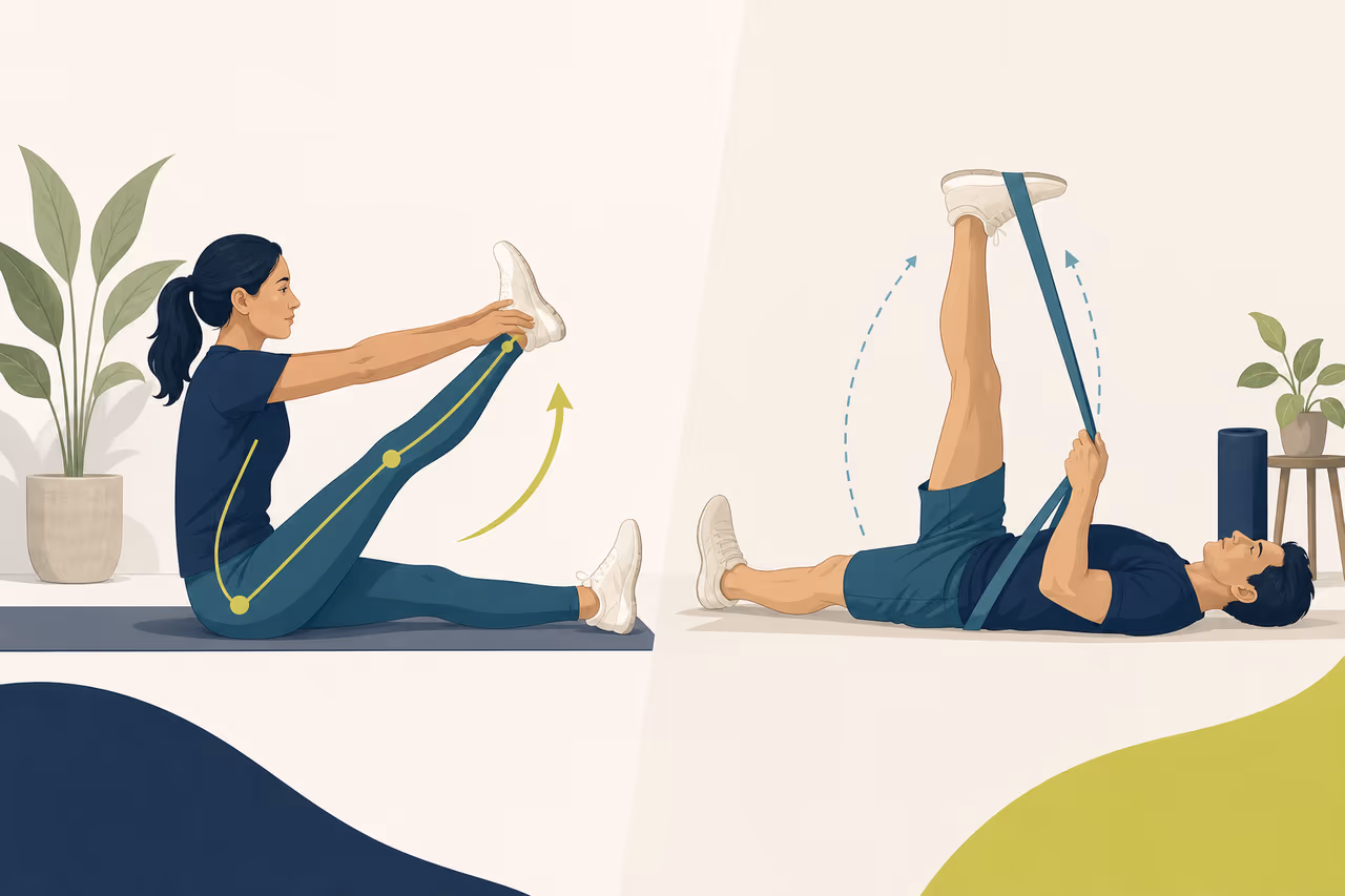 Editorial cover illustration about active vs passive stretching.