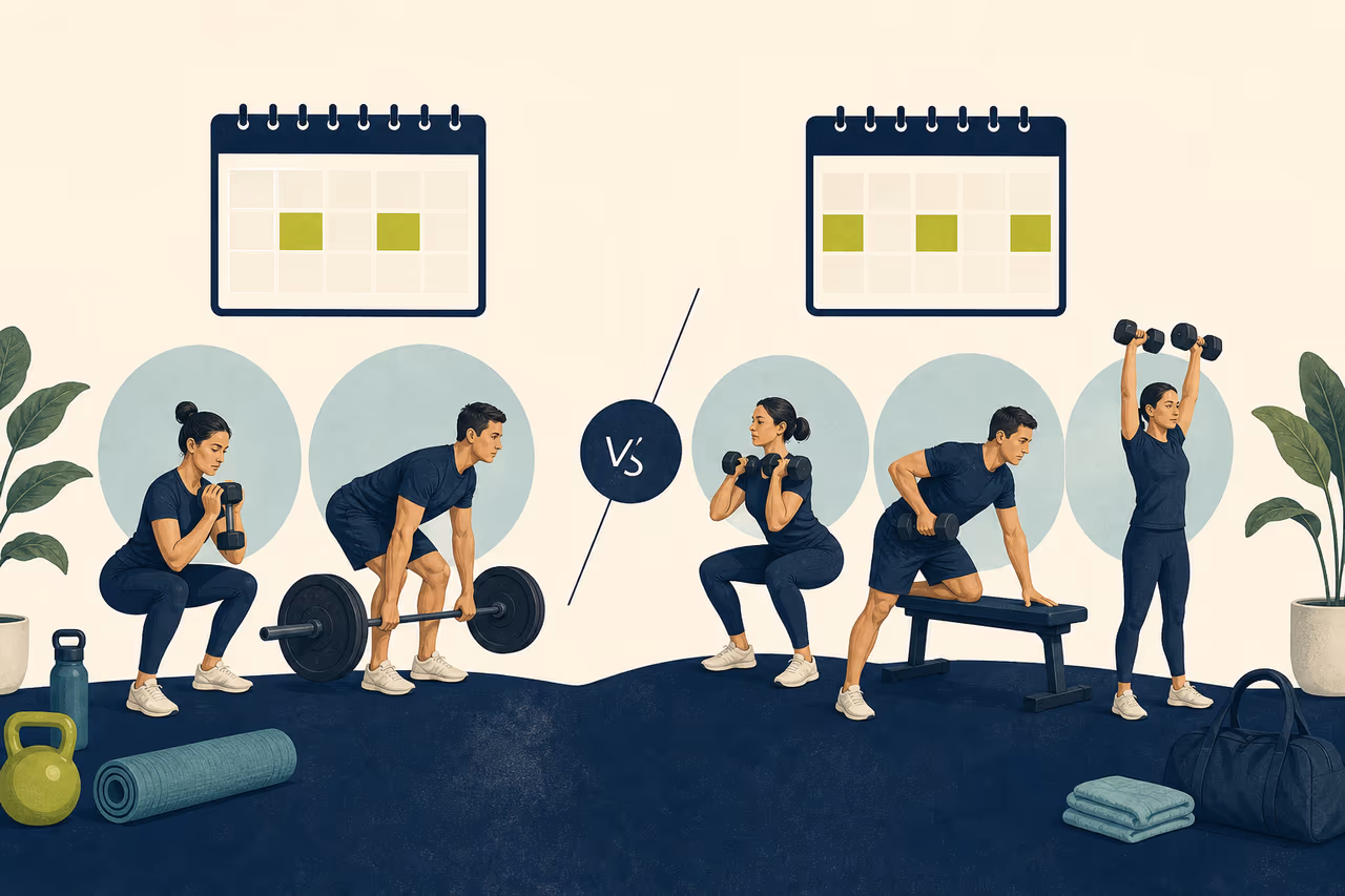 Editorial cover illustration about two vs three strength days for beginners.