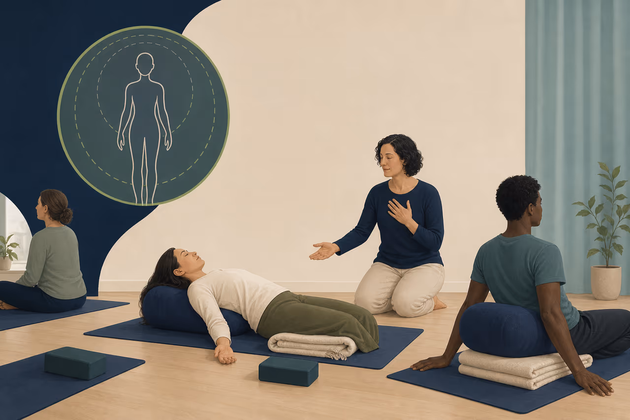 Editorial cover illustration about trauma informed yoga explained.