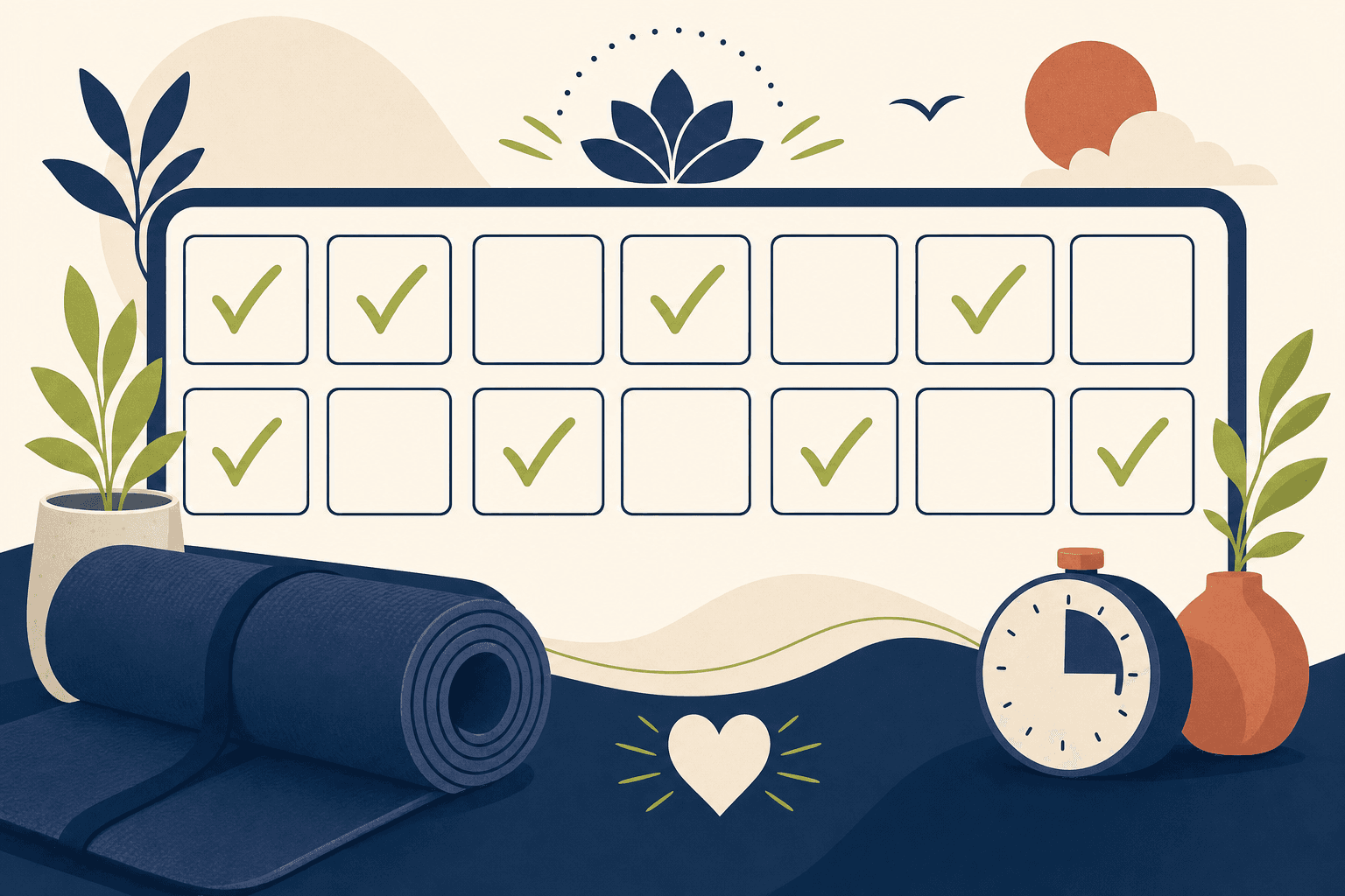 Diagram illustrating a simple calendar-based method for tracking daily yoga practice completion with checkmarks.
