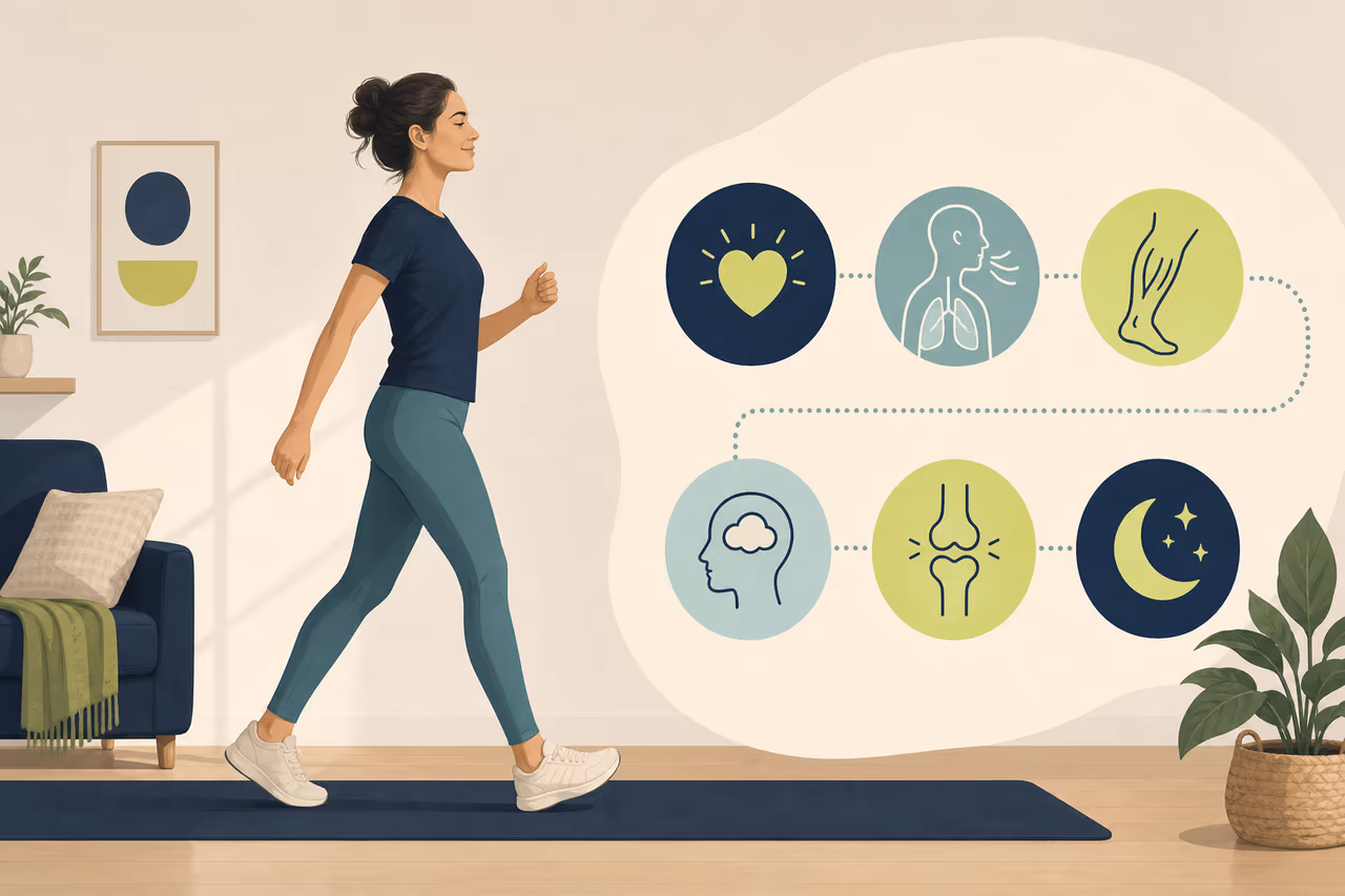 Editorial illustration about what to expect from an indoor walking workout.