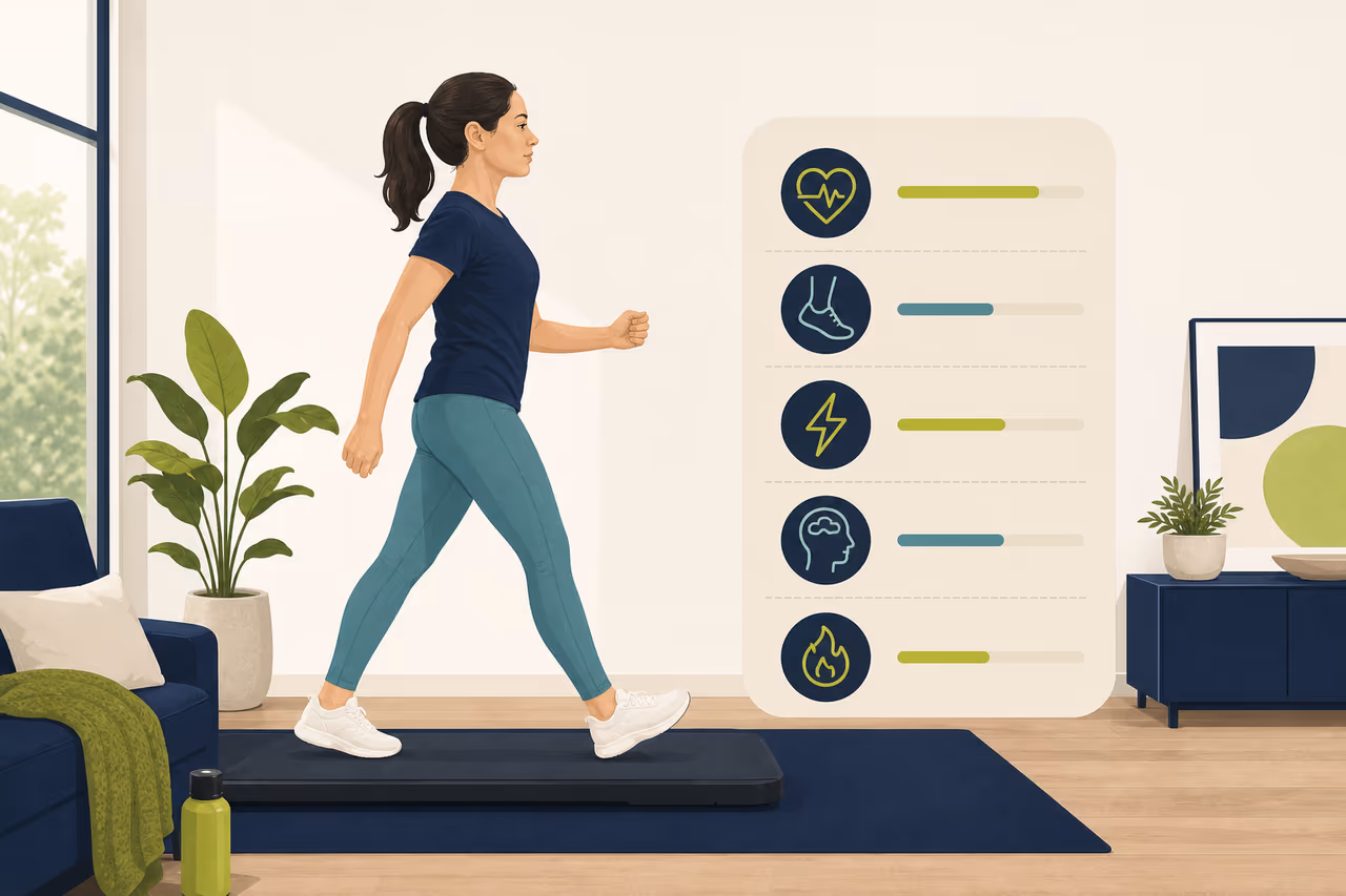 Editorial cover illustration about what to expect from an indoor walking workout.