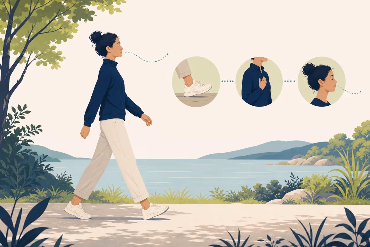 Editorial cover illustration about walking meditation guide.
