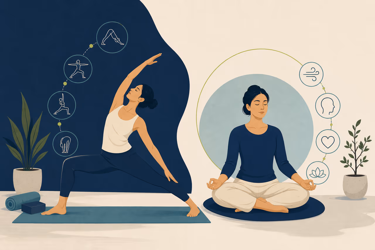 Editorial illustration about yoga vs meditation.