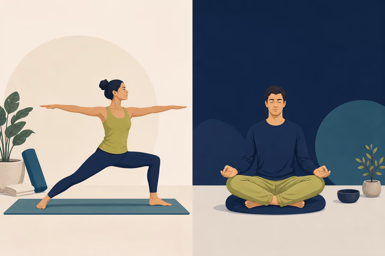Editorial cover illustration about yoga vs meditation.