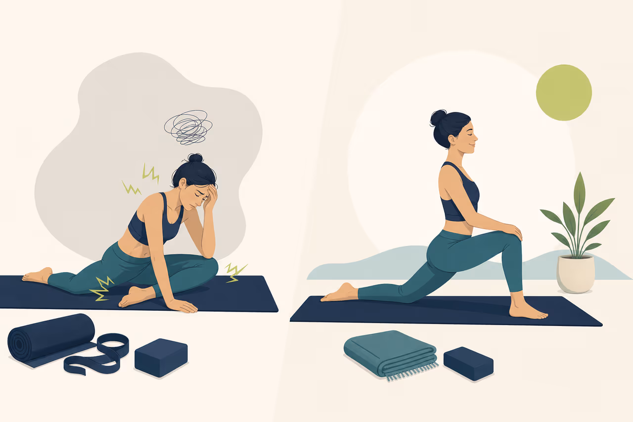 Editorial illustration about how to avoid doing too much yoga too soon.