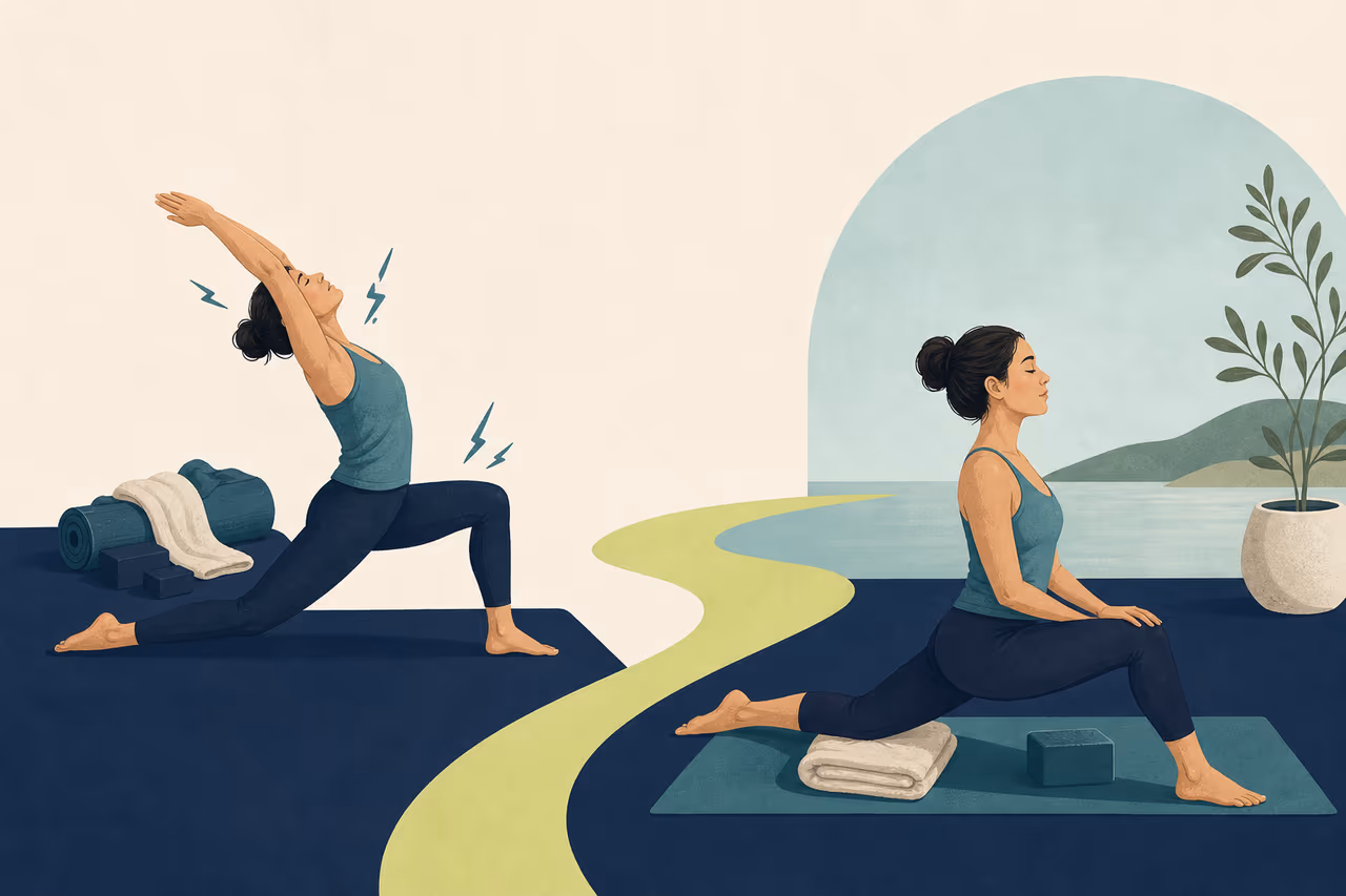 Editorial cover illustration about how to avoid doing too much yoga too soon.