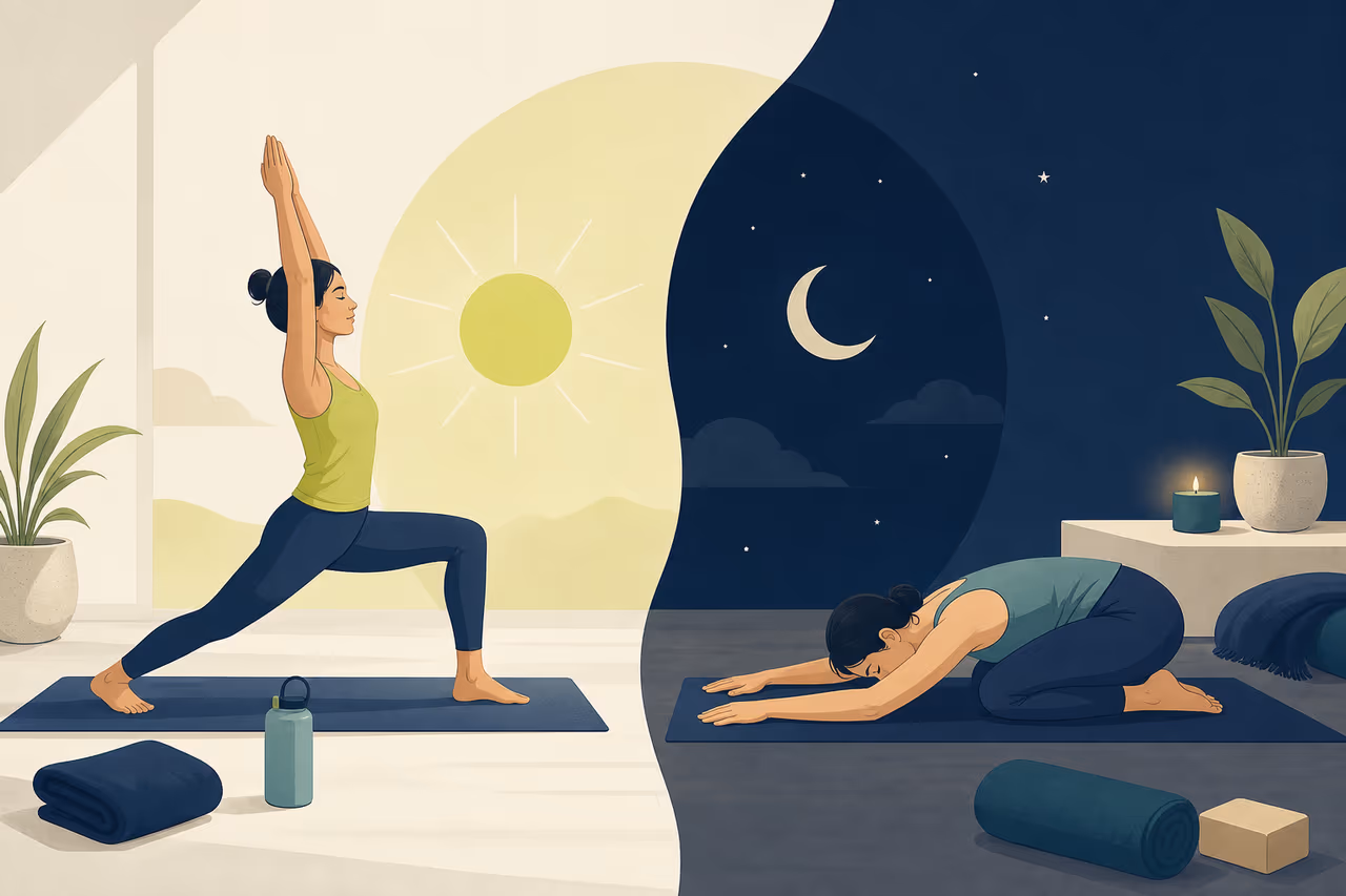 Editorial illustration about morning yoga vs evening yoga.