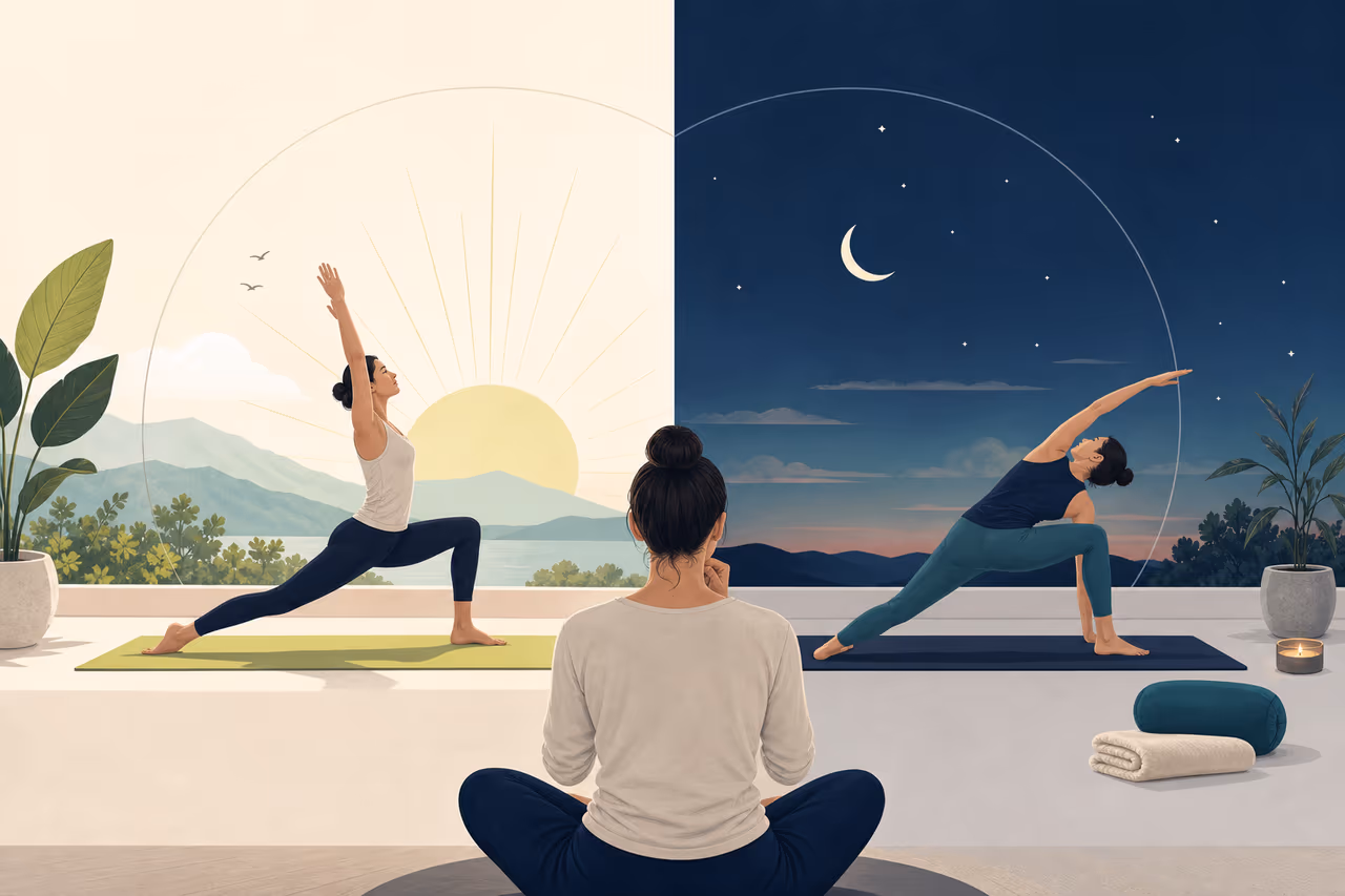 Editorial cover illustration about morning yoga vs evening yoga.