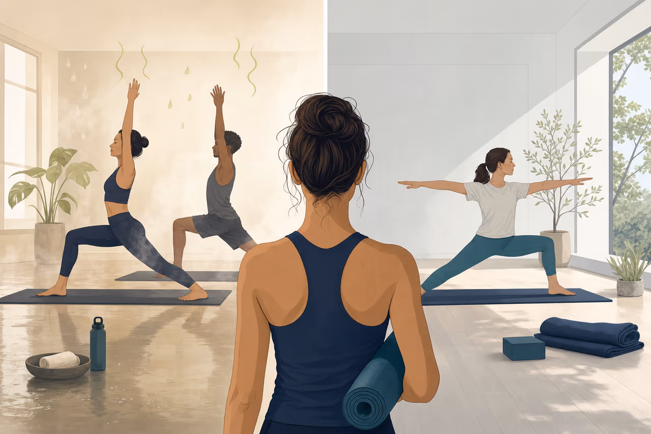 Editorial illustration about hot yoga vs non heated yoga.