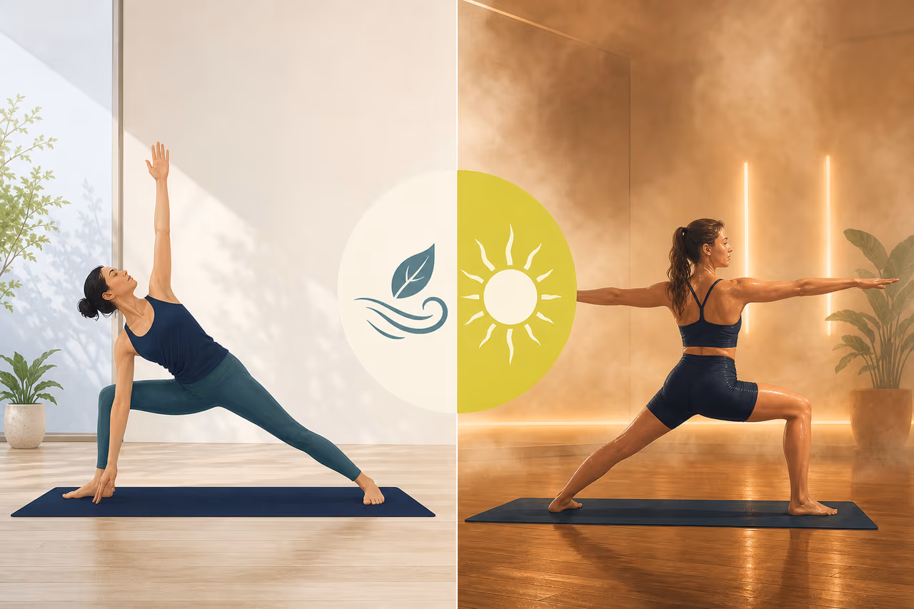 Editorial cover illustration about hot yoga vs non heated yoga.