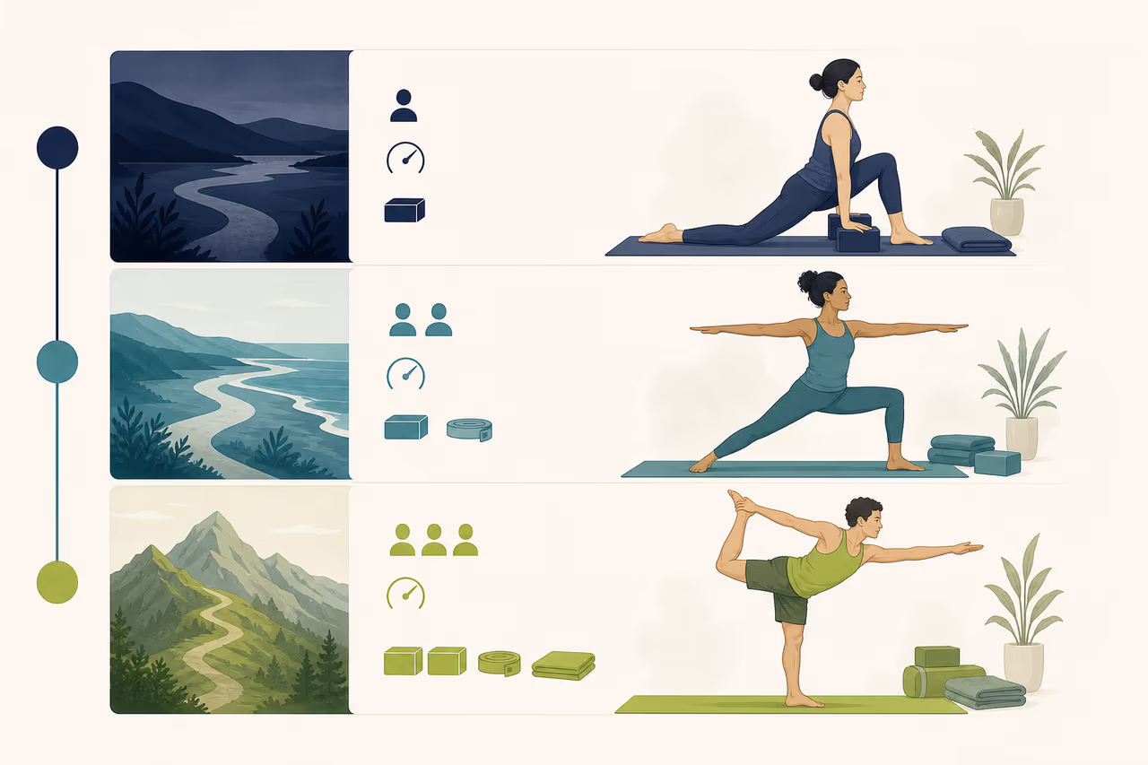 Editorial illustration about how yoga class levels work.