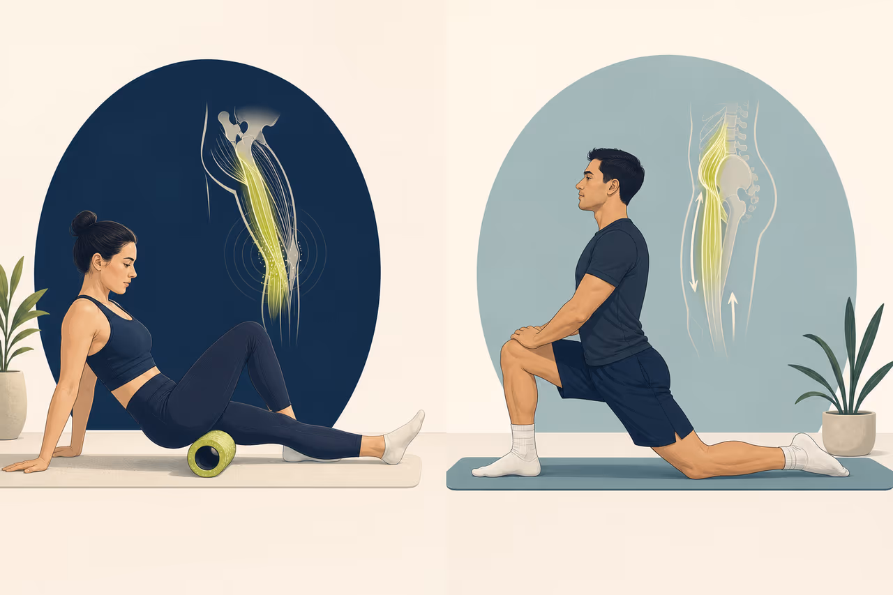 Editorial illustration about foam rolling vs stretching.