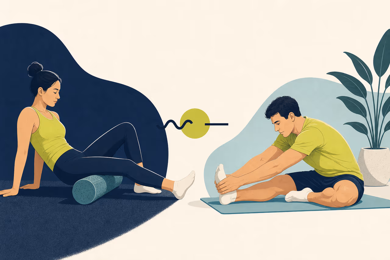 Editorial cover illustration about foam rolling vs stretching.