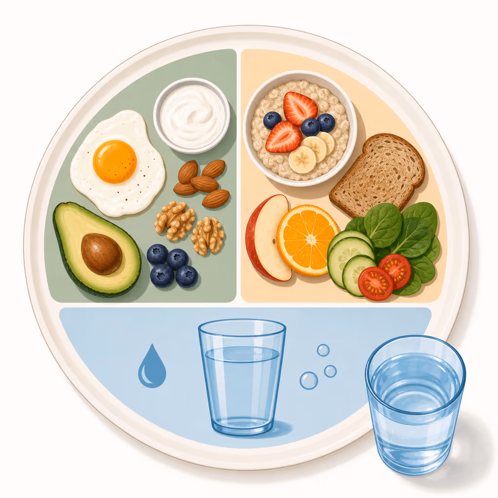 A diagram showing a plate divided into sections for protein and healthy fats, fiber-rich carbohydrates (whole grains, fruits, vegetables), and hydration, illustrating the components of a balanced breakfast.