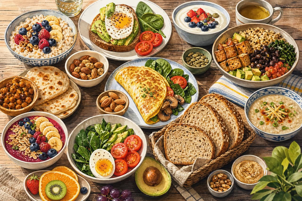 An editorial illustration of a table laden with a variety of breakfast foods, including fruits, whole grains, eggs, and vegetables, suggesting a balanced and culturally flexible meal.