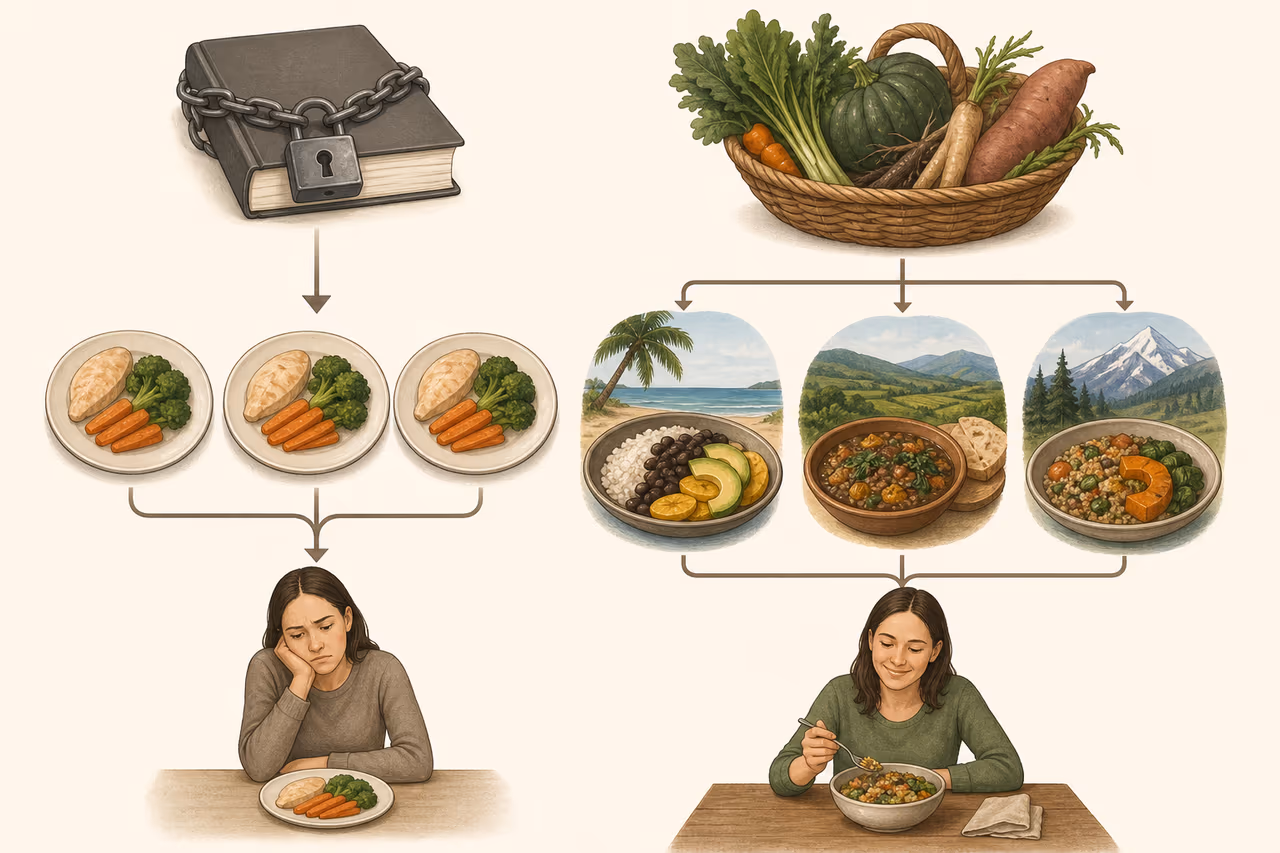 Flowchart comparing rigid rules with flexible local food choices