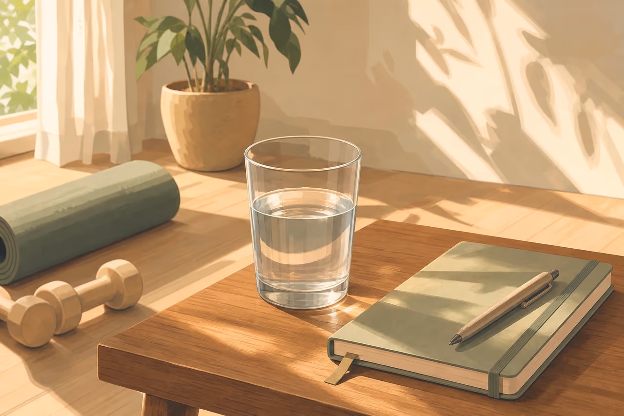 A minimalist editorial illustration showing a glass of water and natural light on a wooden surface.