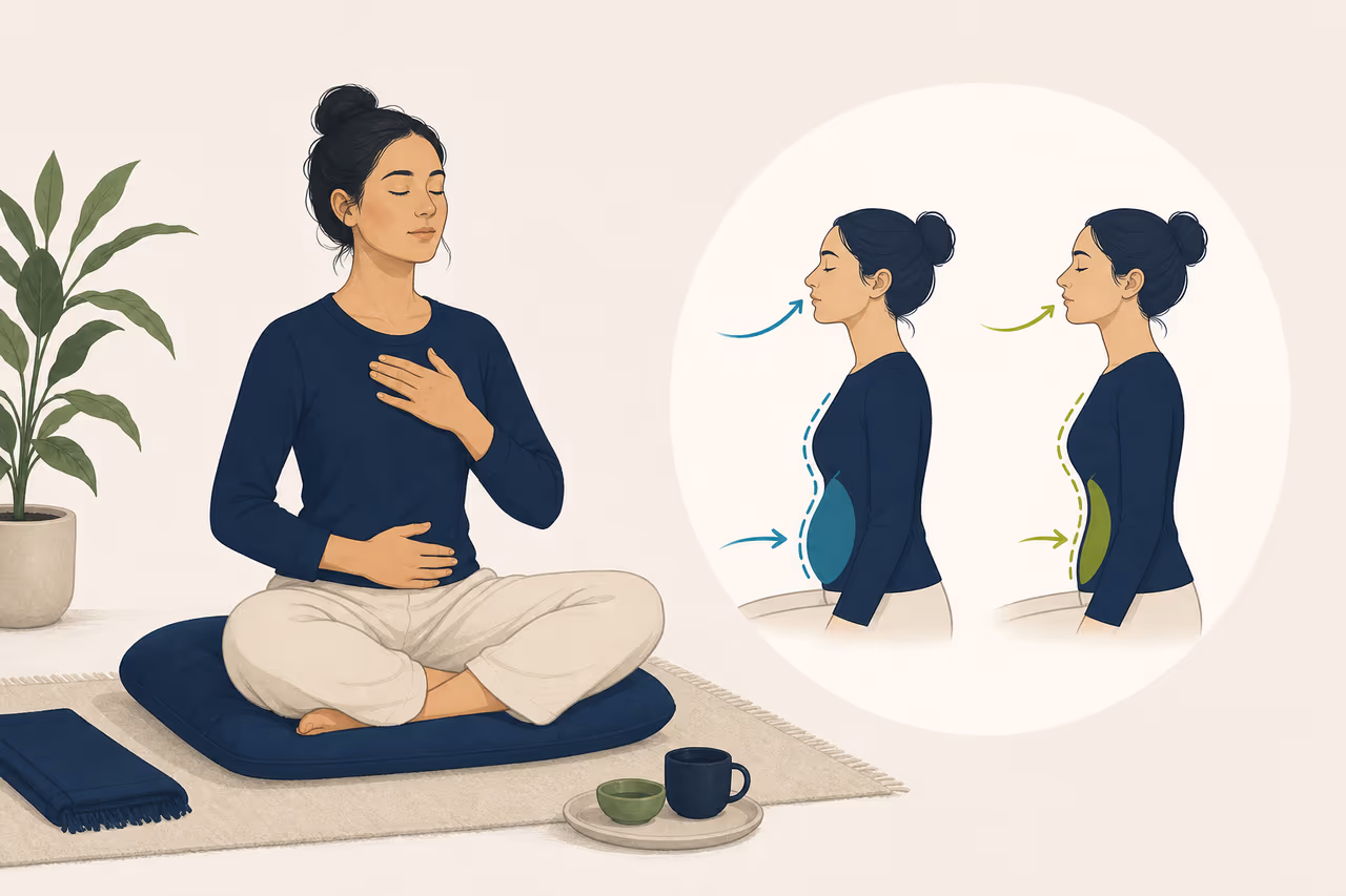 Editorial illustration about breath awareness meditation for beginners.