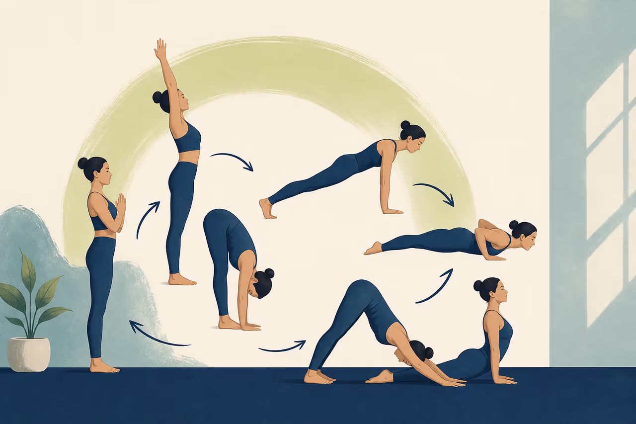 Editorial cover illustration about what vinyasa means during a yoga class.