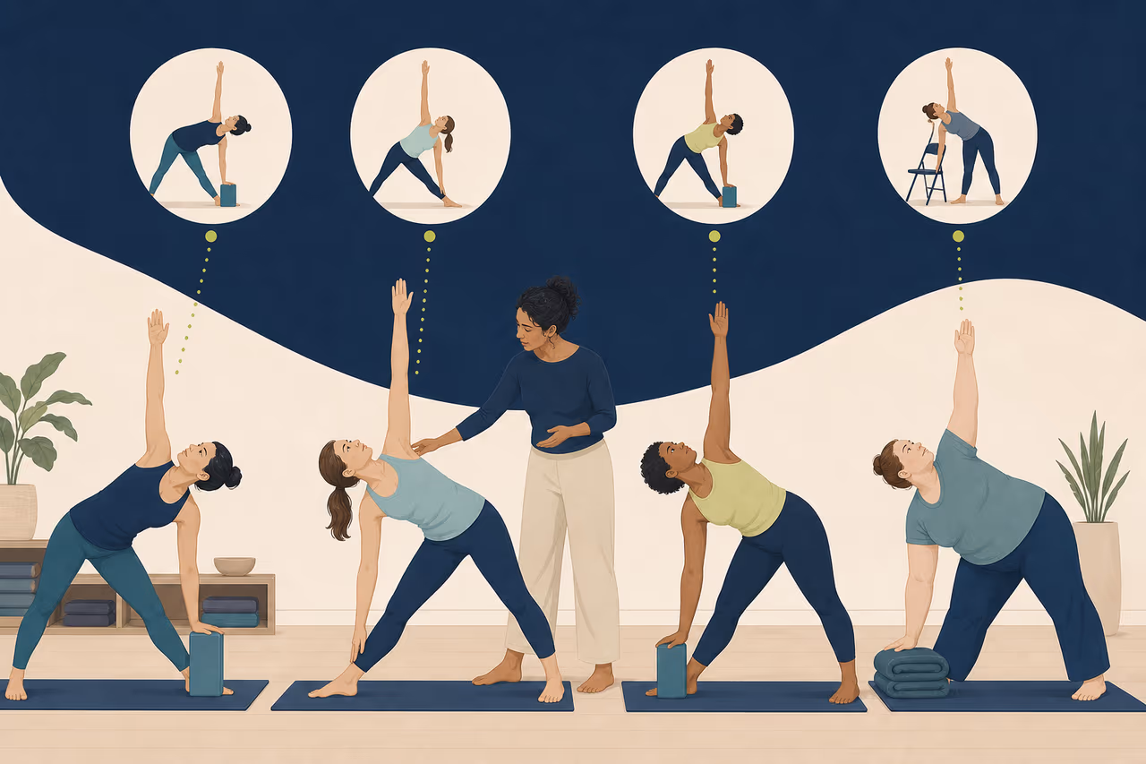 Editorial illustration about why yoga teachers offer pose options.