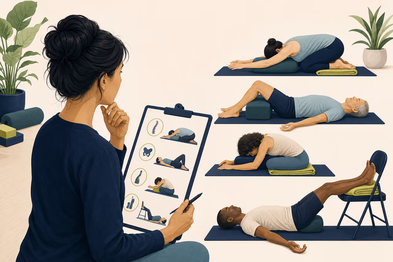 Editorial cover illustration about how to choose a back aware yoga class.