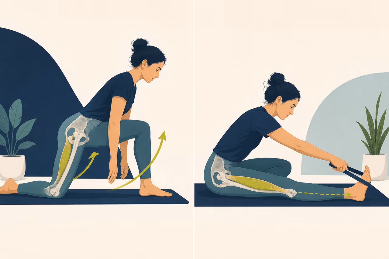 Editorial cover illustration about hamstring mobility vs hamstring stretching.