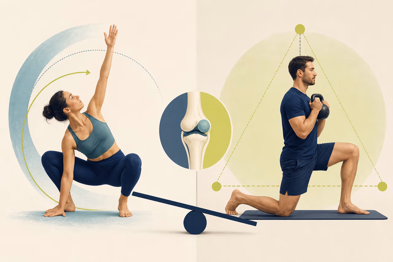 Editorial cover illustration about mobility vs stability in exercise.