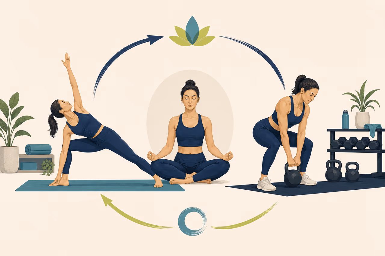 Editorial illustration about how to combine yoga and strength training.