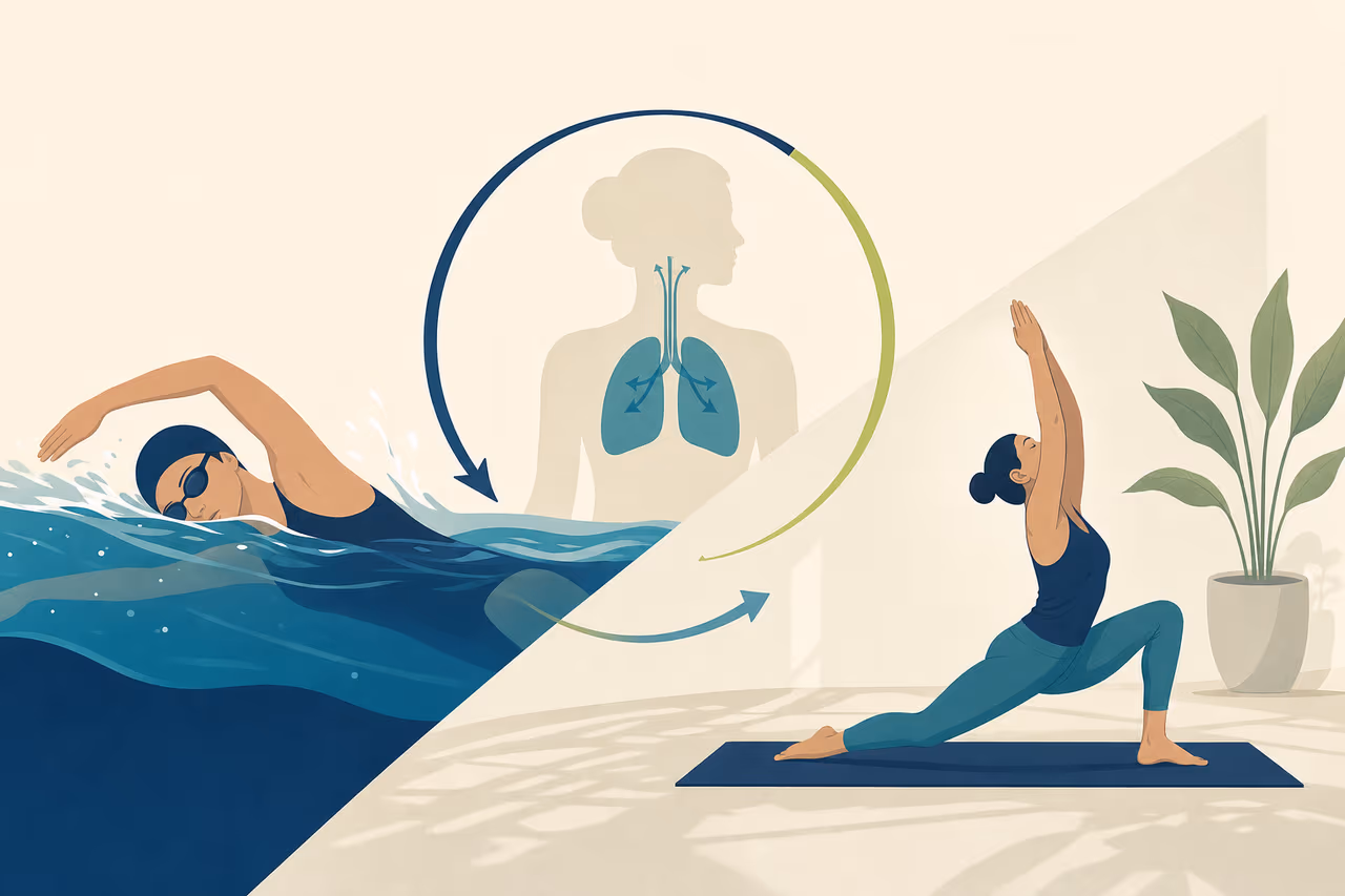 Editorial illustration about how swimming can complement yoga.