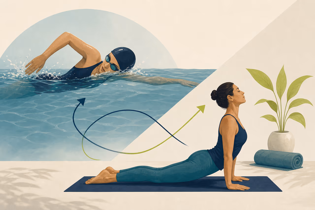 Editorial cover illustration about how swimming can complement yoga.
