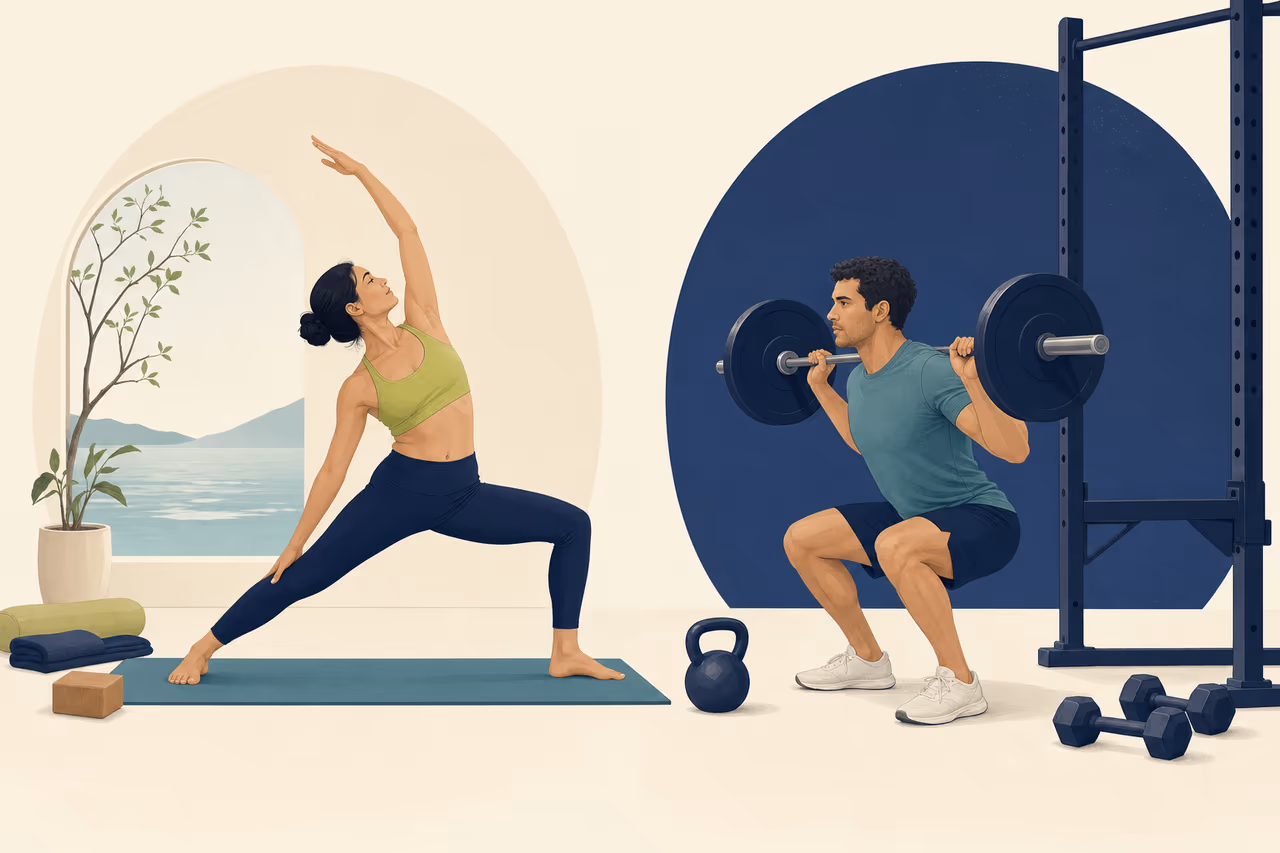 Editorial illustration about yoga vs strength training.