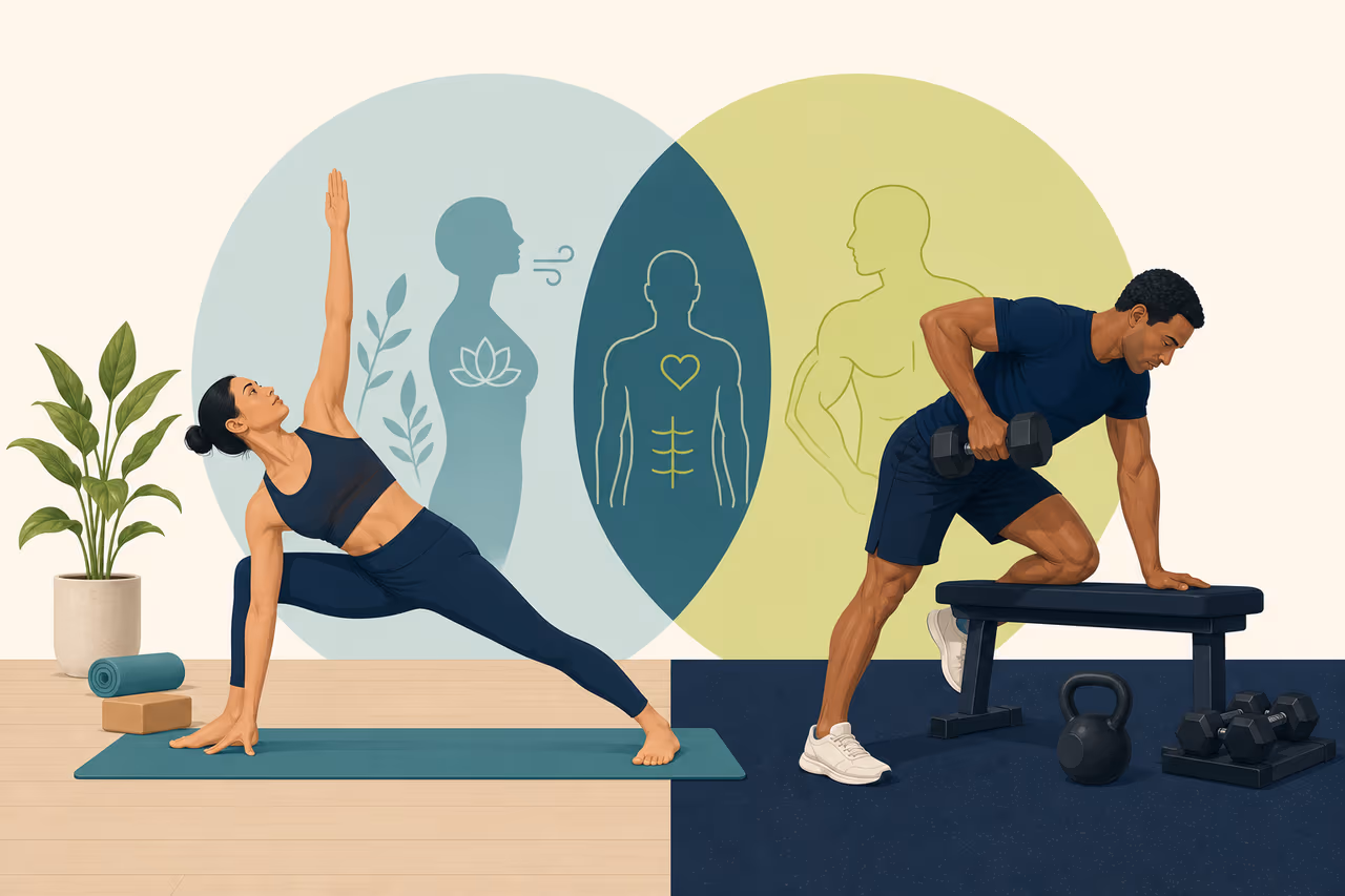 Editorial cover illustration about yoga vs strength training.