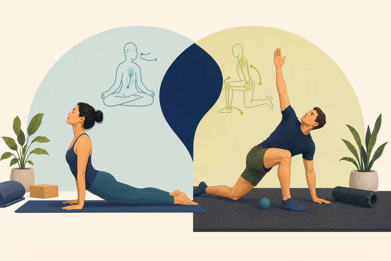 Editorial illustration about yoga vs mobility training.