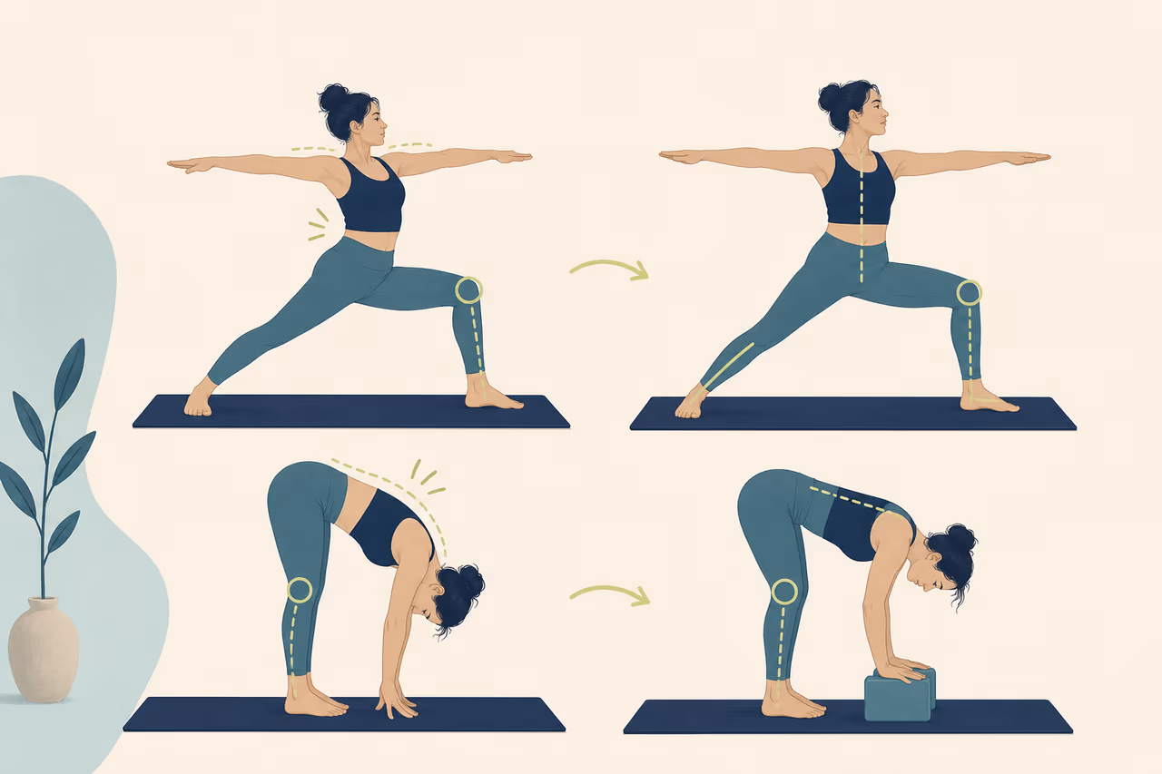 Editorial illustration about common beginner yoga mistakes.