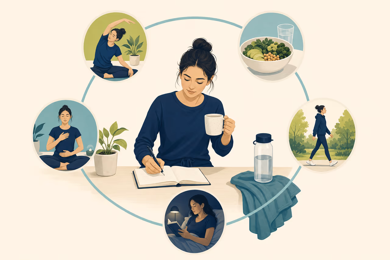 Editorial illustration about how to create a realistic wellness routine.