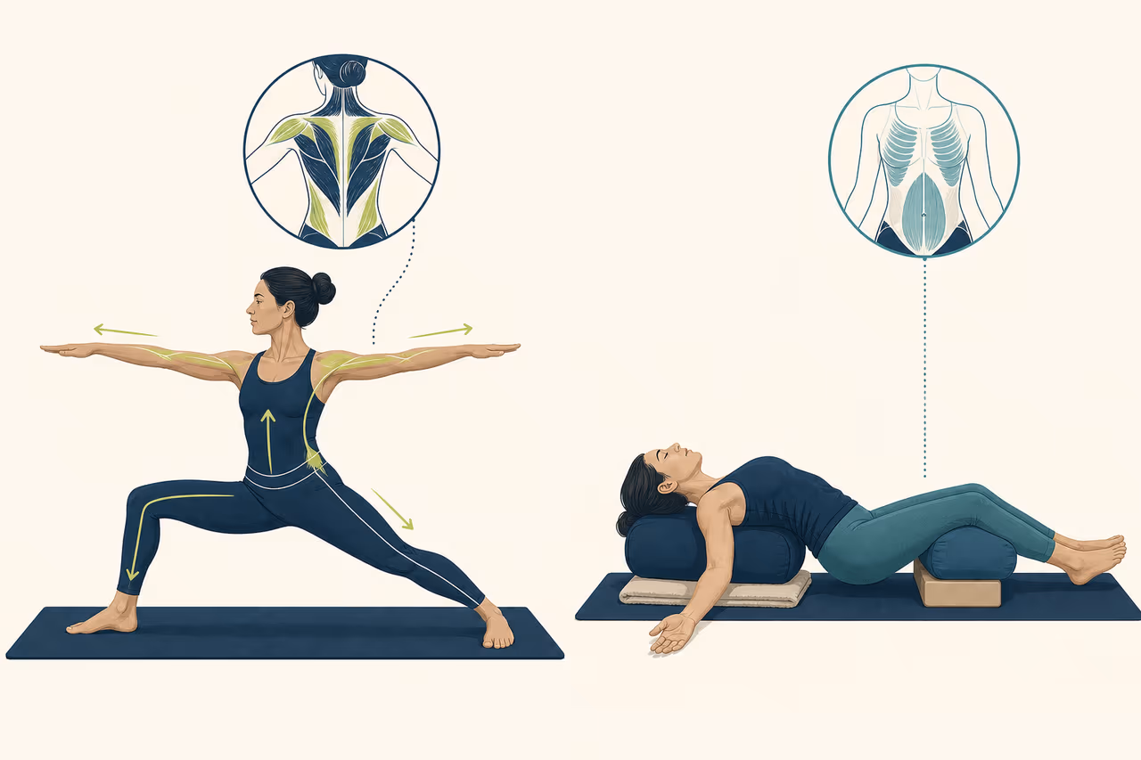 Editorial illustration about active vs passive yoga poses explained.