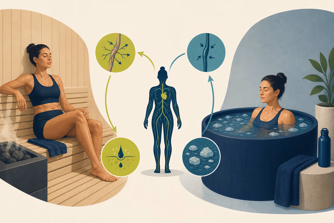 Editorial illustration about sauna and cold plunge recovery claims explained.