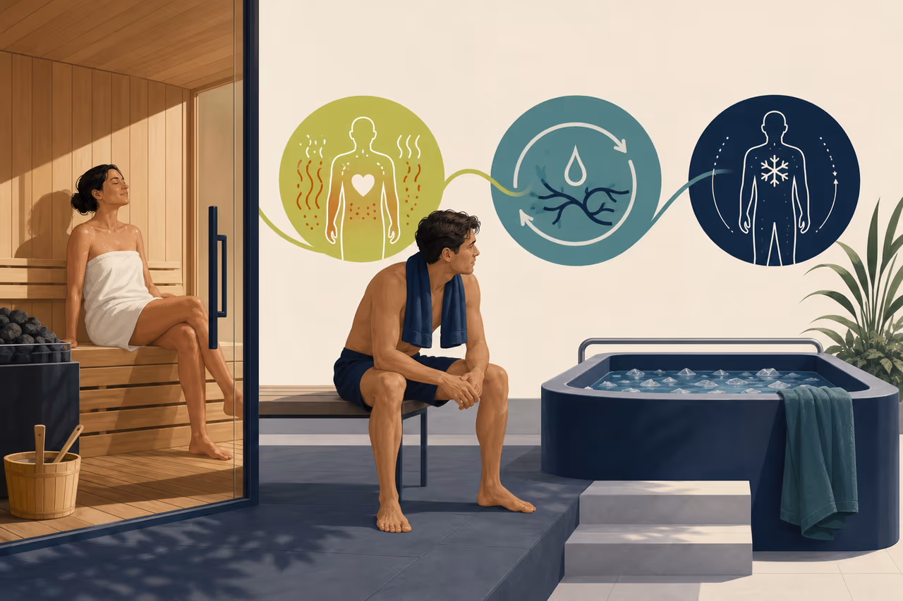 Editorial cover illustration about sauna and cold plunge recovery claims explained.